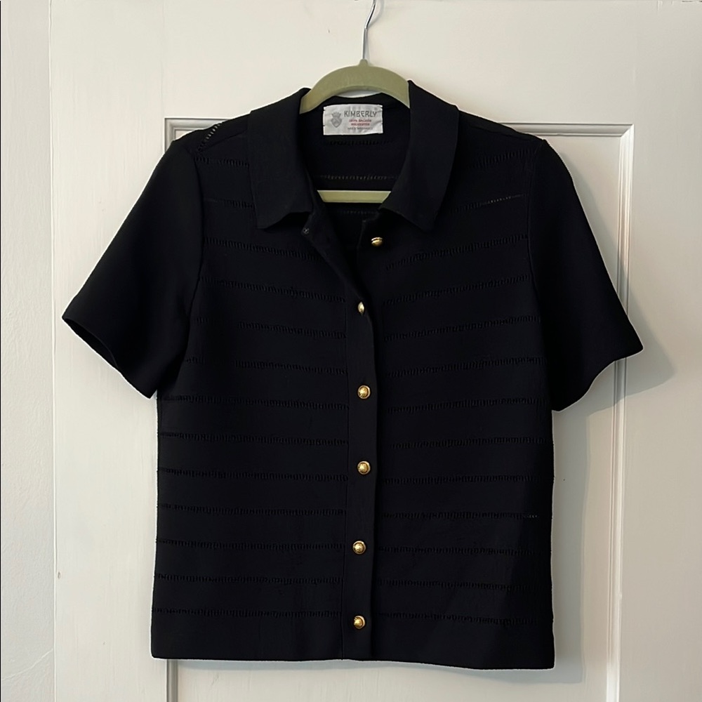 Vintage Black Short Sleeve Knit Button-Up Shirt Cardigan with Gold Buttons